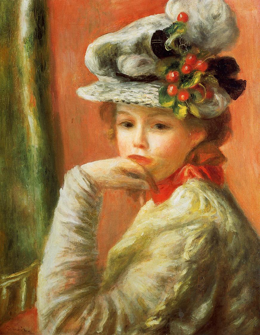 Young Girl in a White Hat - Pierre-Auguste Renoir painting on canvas